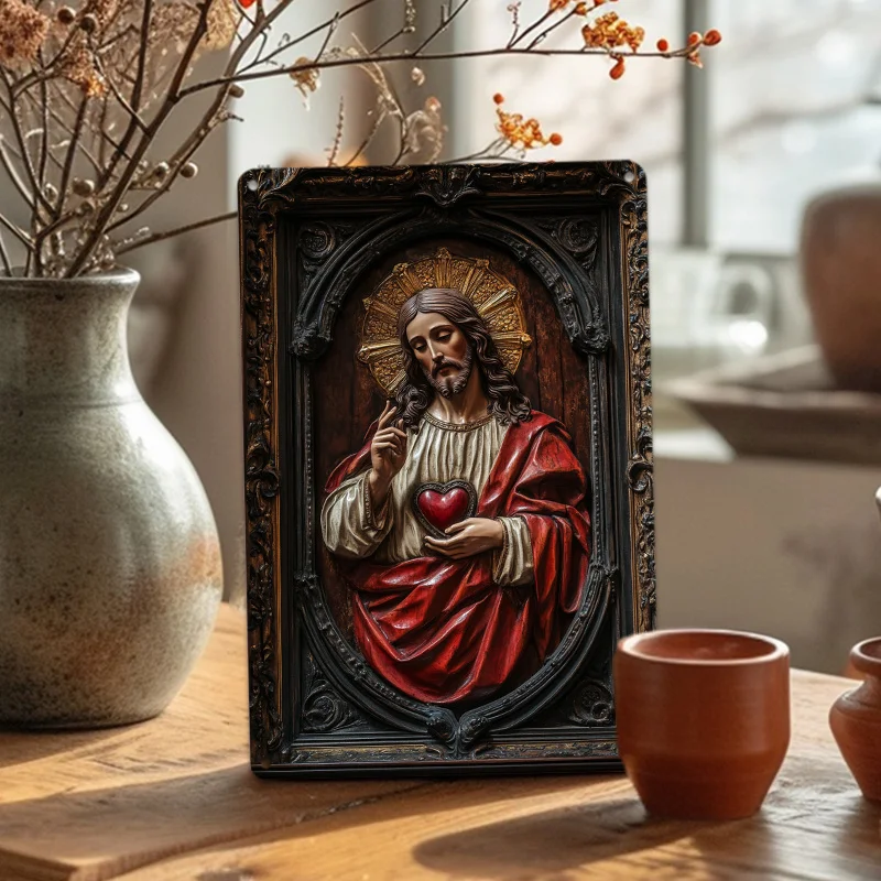 Sacred Heart Jesus Aluminum Tin Sign, Vintage Metal Wall Art for Kitchen