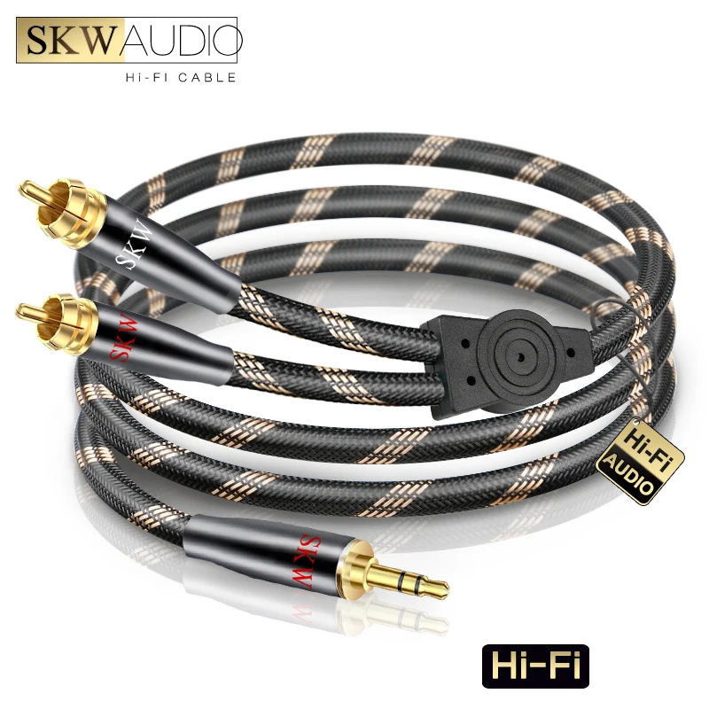 

SKW HIFI 3.5mm to 2 RCA Audio Cable Cord Male to Male , 24K Gold Plated Connector, Preimium Nylon Net Braided, BG-03