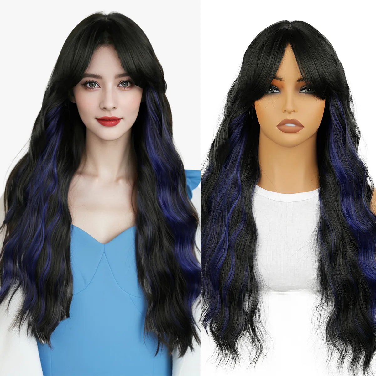 

Amazon's new multi-color blue water ripple big wave long curly hair wig women's full headgear