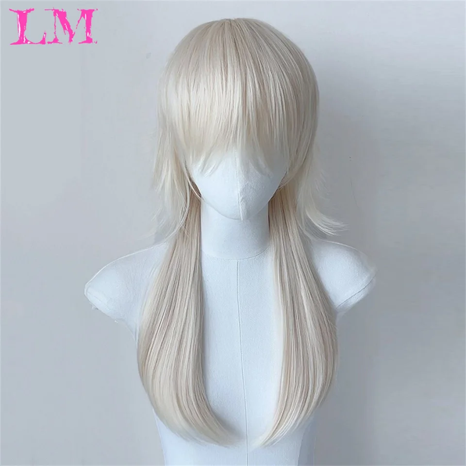 LM White Color Handsome Synthetic Wig With Bang Medium Natural Wavy Hair Wig for Man or Women Cosplay Heat Resistant