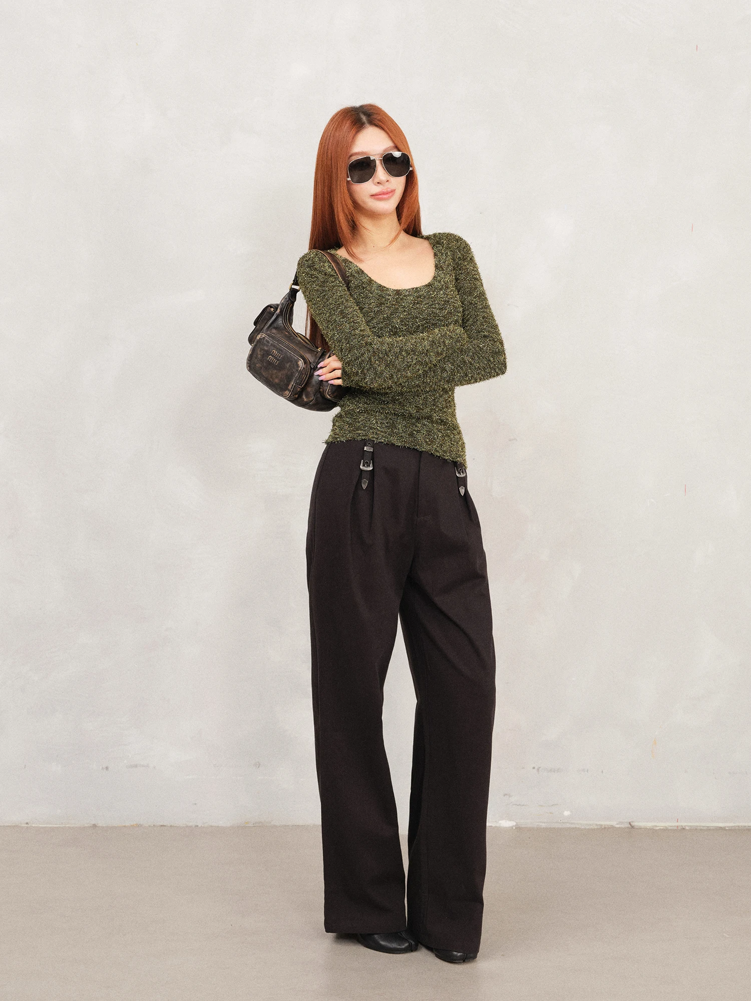 

Forniyoyo Casual Straight Leg Trousers Women's Double Row Decorative Bule Lenzing Lyocell Fiber Slimming Long Pants