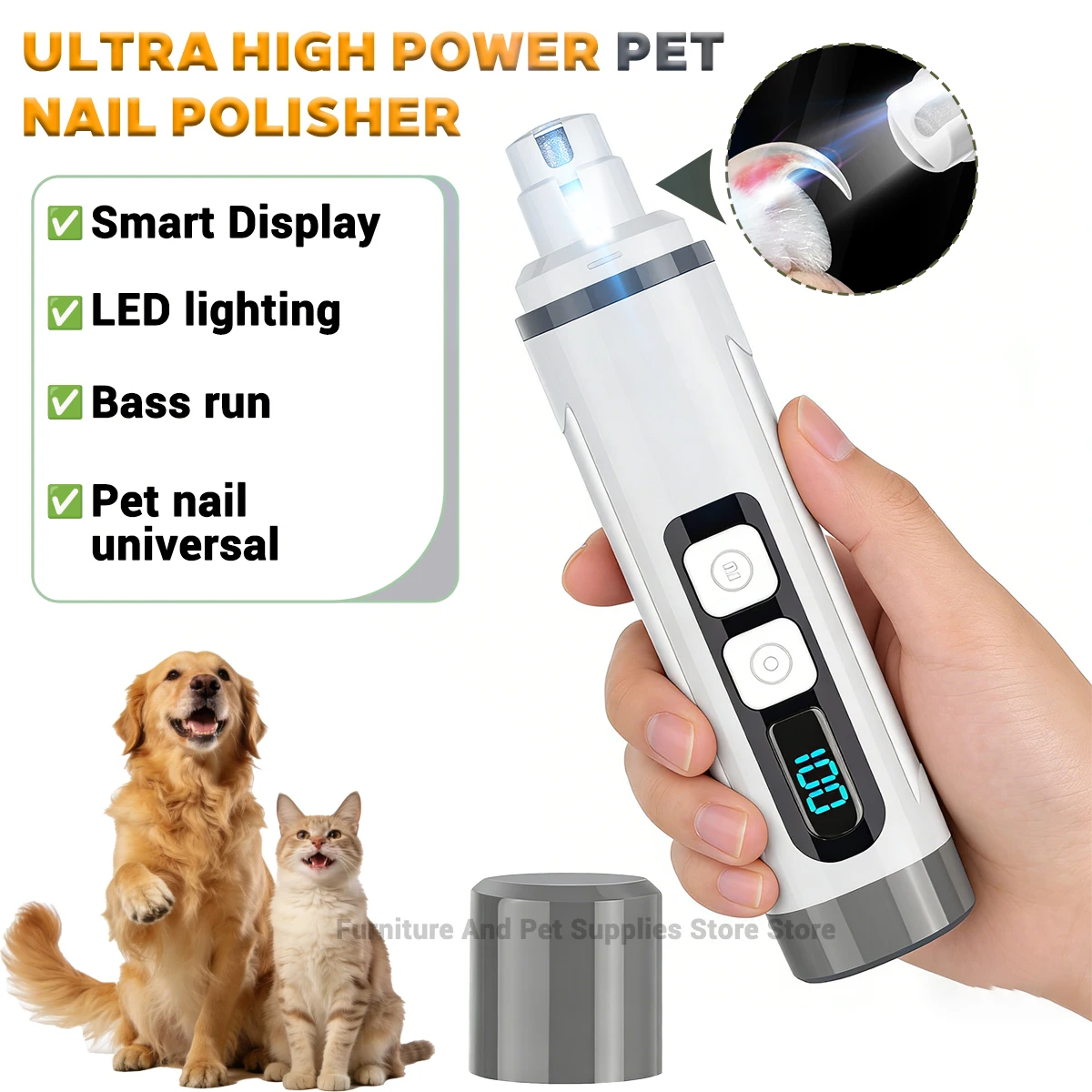Aparador Elétrico de Unhas para Pets com Luz LED, Cortador de Unhas para Gatos e Cães, Recarregável via USB, Acessórios para Higiene de Animais de Estimação