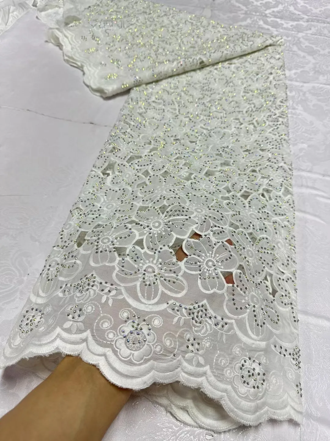 Swiss Luxury Lace High Quality Fabrics 2024 Latest African Cotton Lace with Stones for Sewing Evening Party Dress JL381