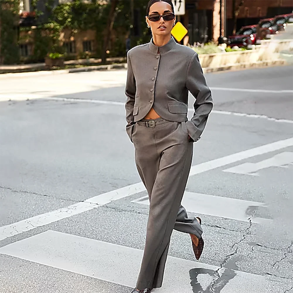 Modern Women 2 Piece Suit Cropped Stand Collar Blazer Wide Leg Pants Set Gray Business Casual Formal Party Matching Outfit