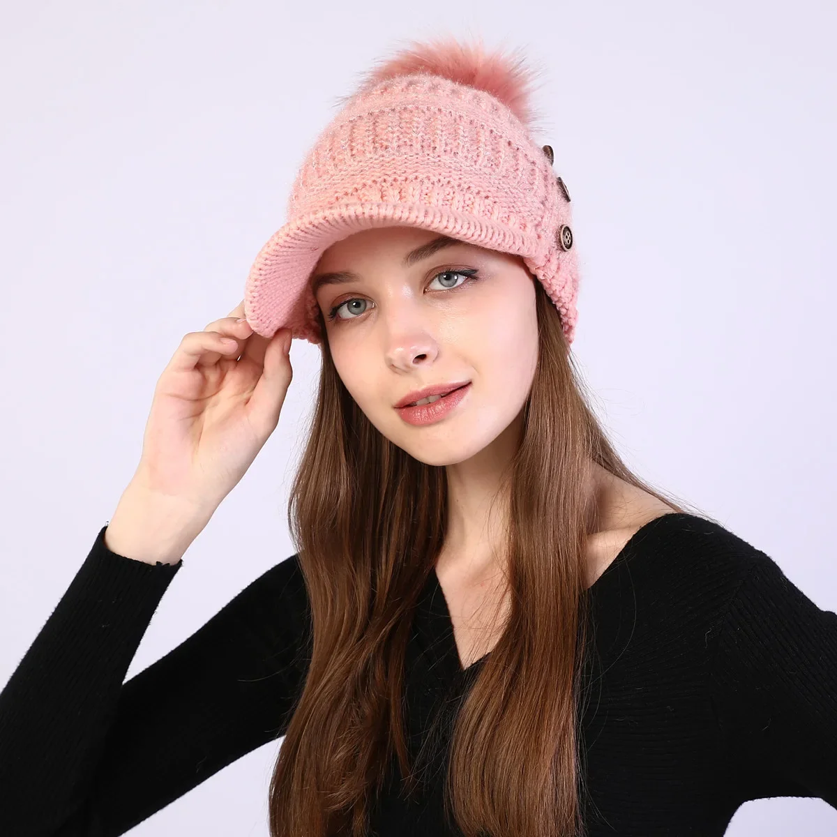 Autumn And Winter Fashion Female Warm Visors Hat Acrylic Button Soft Hairball Plus Velvet Keep Warm Knitting Caps For Women