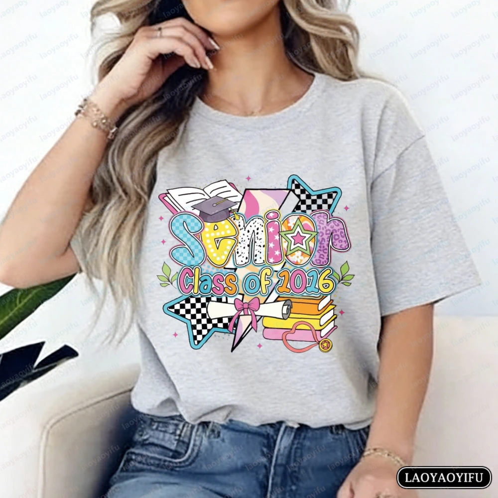 Class of 2026 Senior Cotton T-Shirt Y2K Aesthetic Graphic Tee Graduation Casual Tops Harajuku Trend Kawaii Clothes for Women