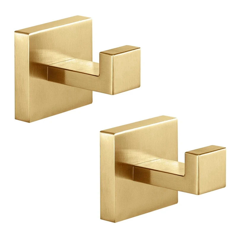 

2 PCS Towel Hooks Robe Hook Coat Hook Gold Stainless Steel Heavy Duty Bathrooms Square Hooks Wall Mounted For Bathroom