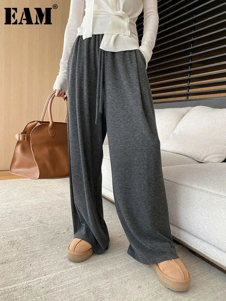 

[EAM] High Elastic Waist Light Gray Brief Long Wide Leg Casual Pants New Trousers Women Fashion Tide Spring Autumn 2024 1DH6850