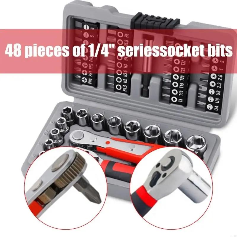40je 48pcs Quick 1/4 Sockelschlüssel -Ratschen -Set Hexagonal Auto Repair Tool Wrench Ratchet Set professionelles