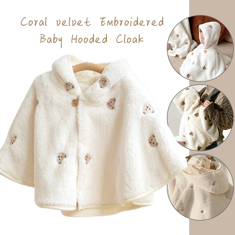 Baby Kids Hooded Velvet Coat Cloak Infant Girls Cute Fleece Fur Embroidery Bear Winter Warm Coat Outerwear Cloak Jacket