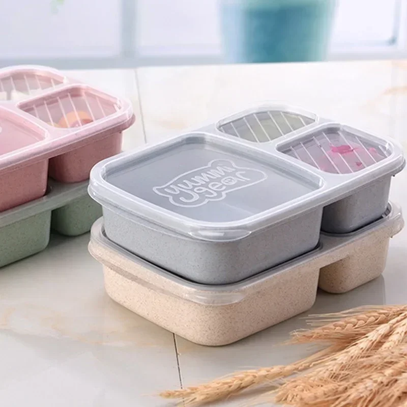 Portable Lunch Wheat Straw Lunch Box Single Layer 3 Grid with Lid Microwave Food Box Biodegradable Lunch Storage Container