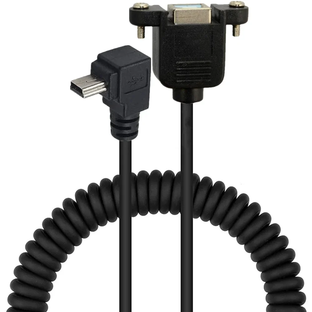 Kabel Teleskopik Pegas Siku USB Mini 5pin Jantan Ke USB Tipe B Betina dengan Dudukan Panel Telinga Kabel Melingkar Regang Fleksibel