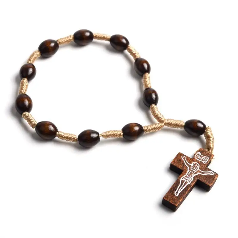 Burr-free Natural Wood Rosary Beads Bracelet Mini Cross Finger Design for Baptism Communion  Prayer Use