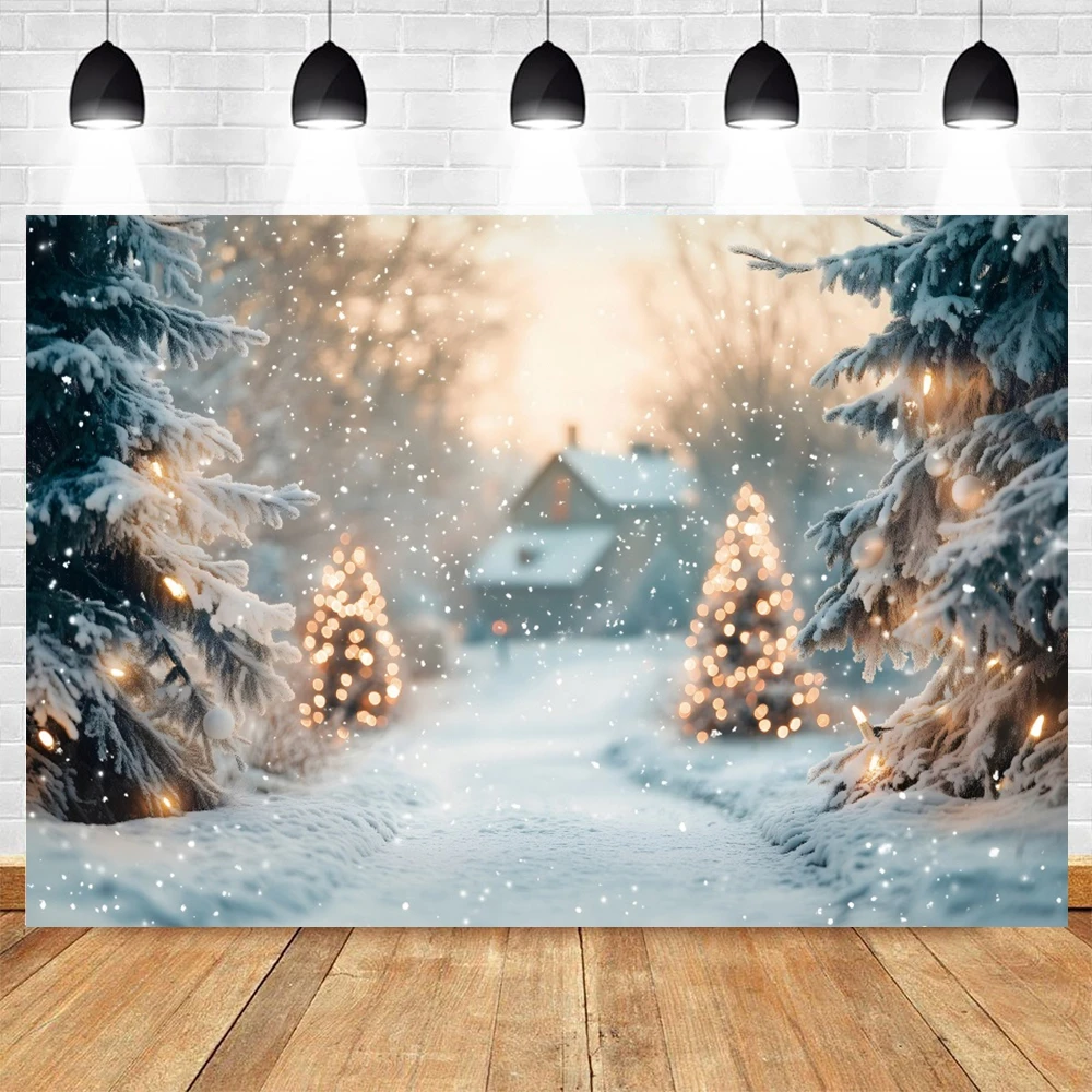 Christmas Night Winter Backdrop Snow Glitter Lights Snowfield Forest Xmas Tree Town Family Portrait Photography Background Decor