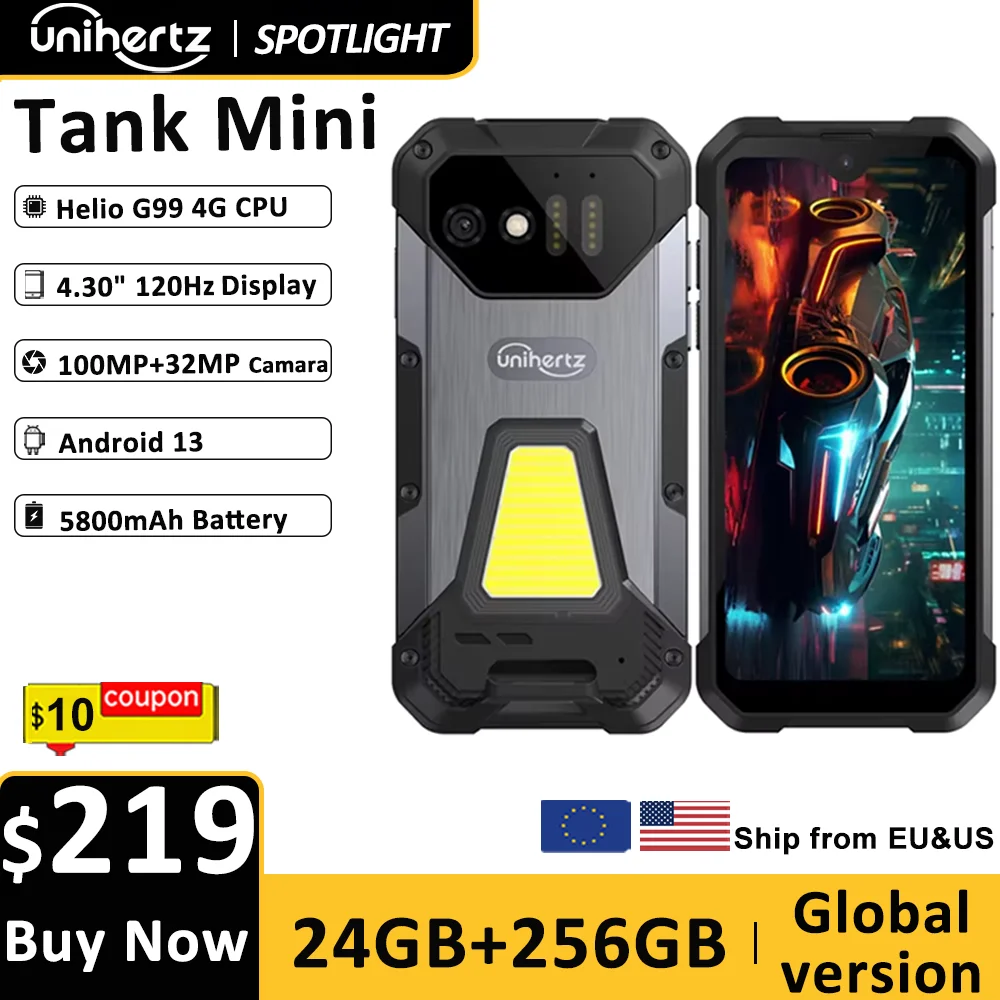 Unihertz 8849 Tank Mini Rugged Smartphone 4.3 Inch Small Cell Phone 24GB+256GB Android 13 5800mAh 100MP Cameras IP68/IP69K Phone