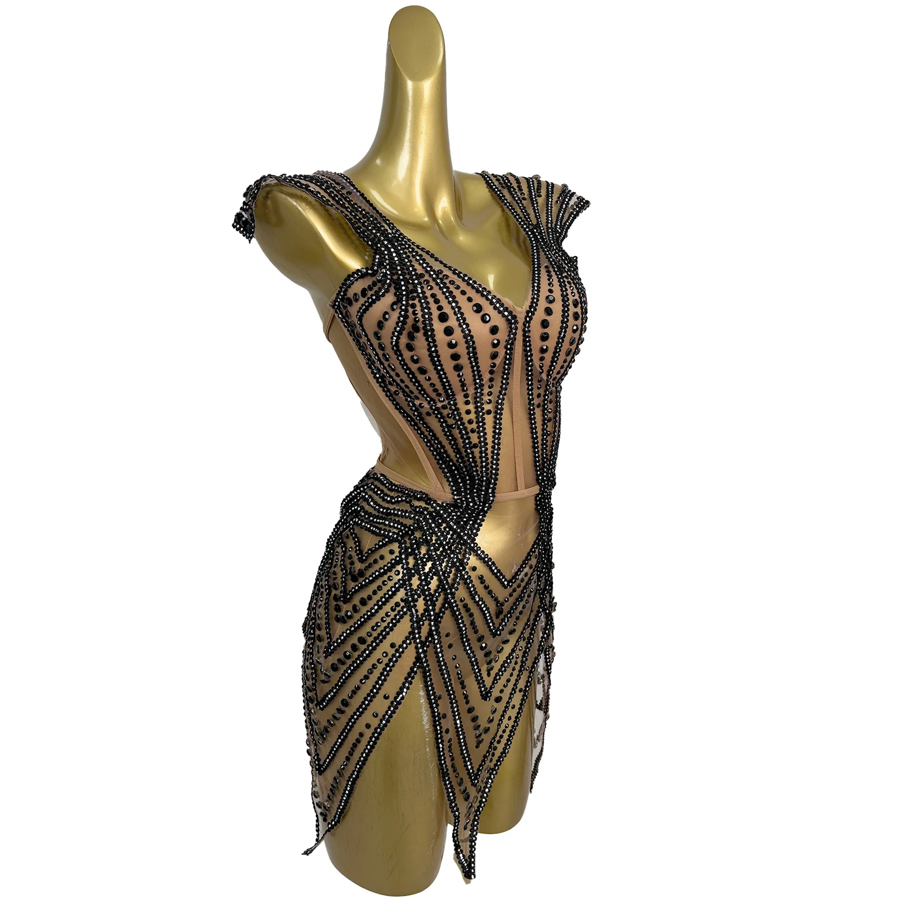 Jianrui مثير الكرة منظور شبكة العباءات ضيق مشد اللباس الأسود حجر الراين غير النظامية تنورة قصيرة شريط الأداء اللباس #2