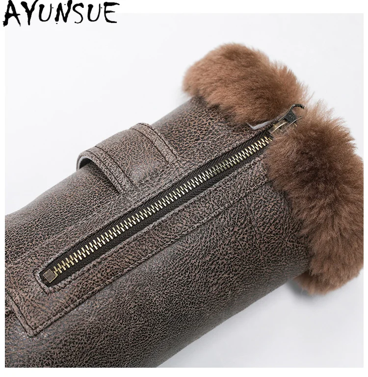 AYUNSUE Naturalny Płaszcz z Futra Męski Luksusowy 2025 Z Kapturem Zimowy Średniej Długości Kurtki ze Skóry Naturalnej Owczej Męskie Super Ciepłe Płaszcze z Futra