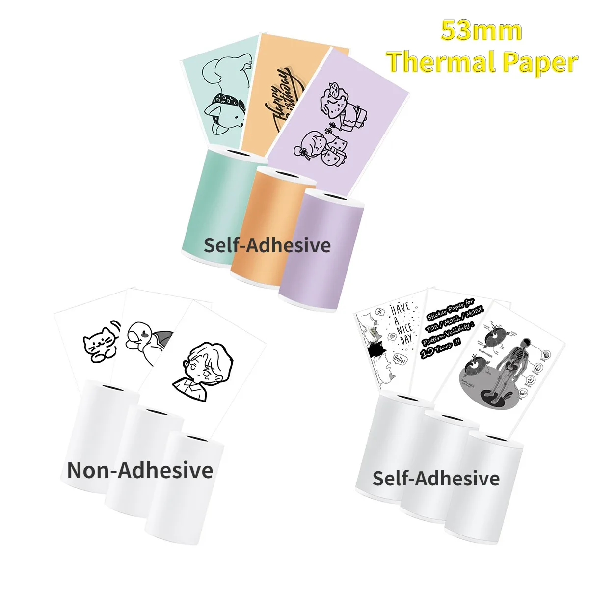Thermal Printer Paper Roll Color/White Sticker Paper Compatible With Phomemo M02X M02L T02 Paper,(2in*11.5ft/Roll）53mm Width