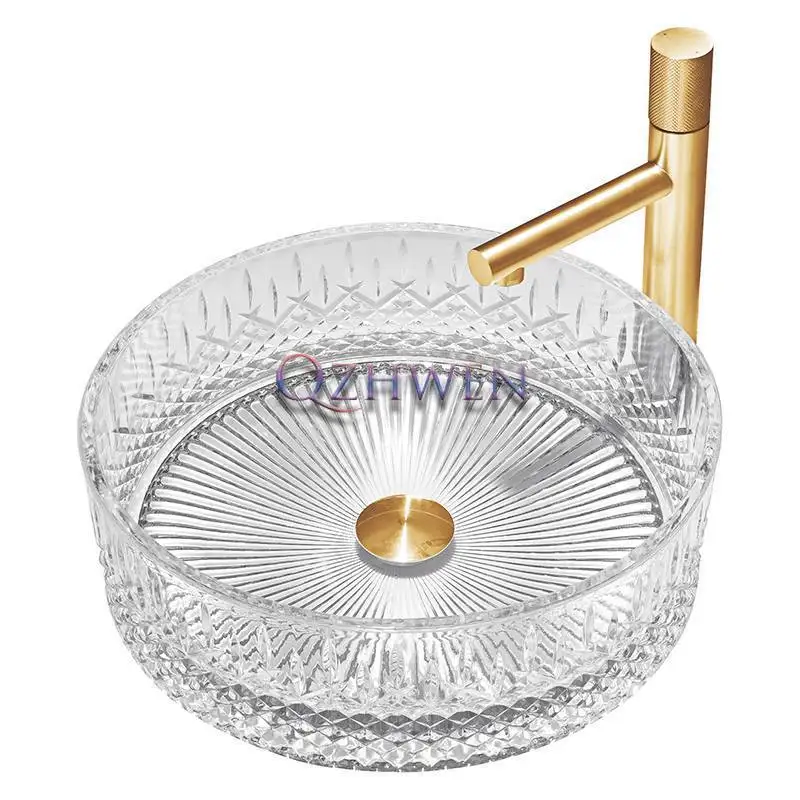 

360*360*112mm Transparent Die Casting Bathroom Sink Clear Cylinder Glass Washbasin Hotel Balcony Countertop Art Single Basin