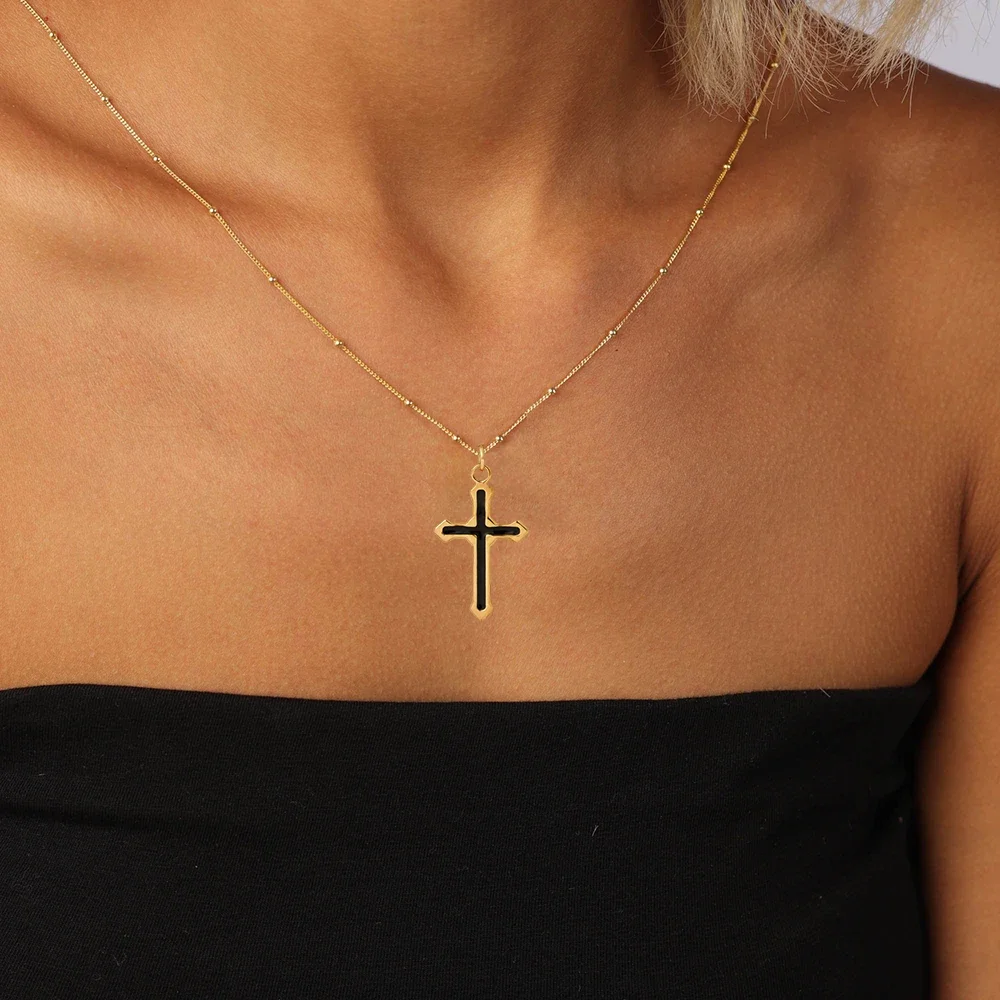 

Vintage Ethnic Enamel Black Color Jesus Cross Pendant Necklace for Women Men Stainless Steel Chain Necklaces Gothic Jewelry Gift
