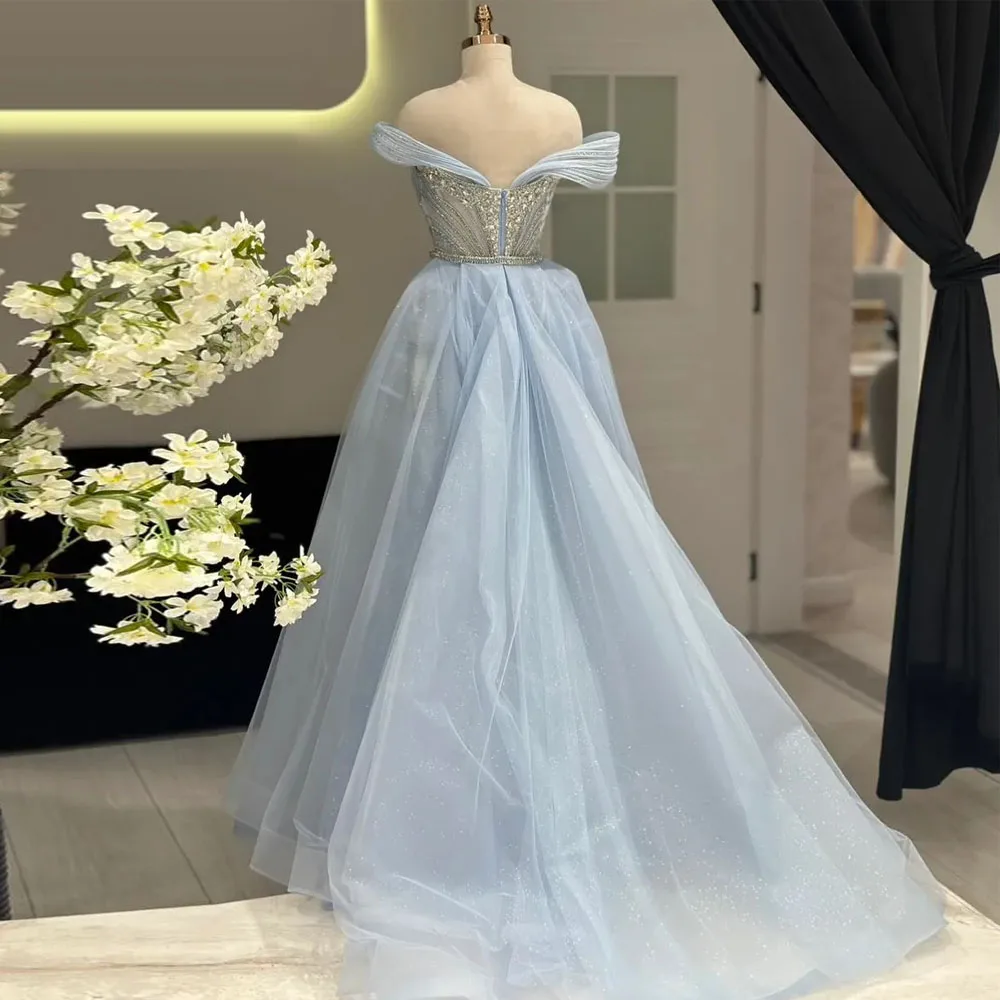 Vestidos de noite luxuosos personalizados com contas árabes, ombro de fora, divisão frontal, vestido de festa de casamento com trem destacável