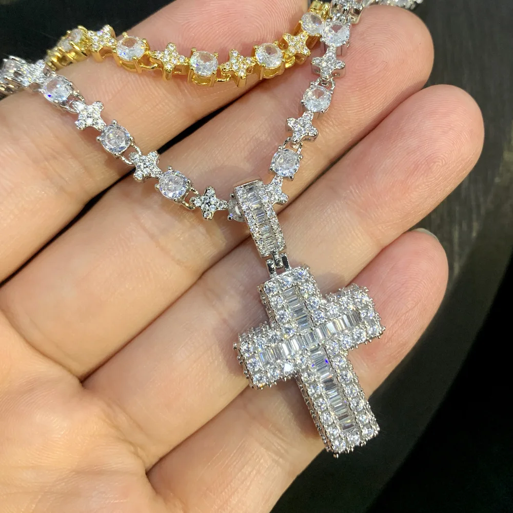 

New Men's Necklace Set with Cross Zircon Pendant and Round Zircon Necklace Hip Hop Set