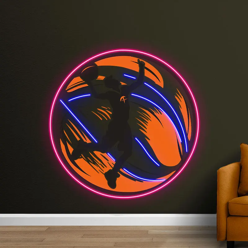 Basketball Dunk Neon LED Light, Sports-Themed Wall Decor with Basketball Icon Background, Perfect for Game Rooms, Bars and Gifts