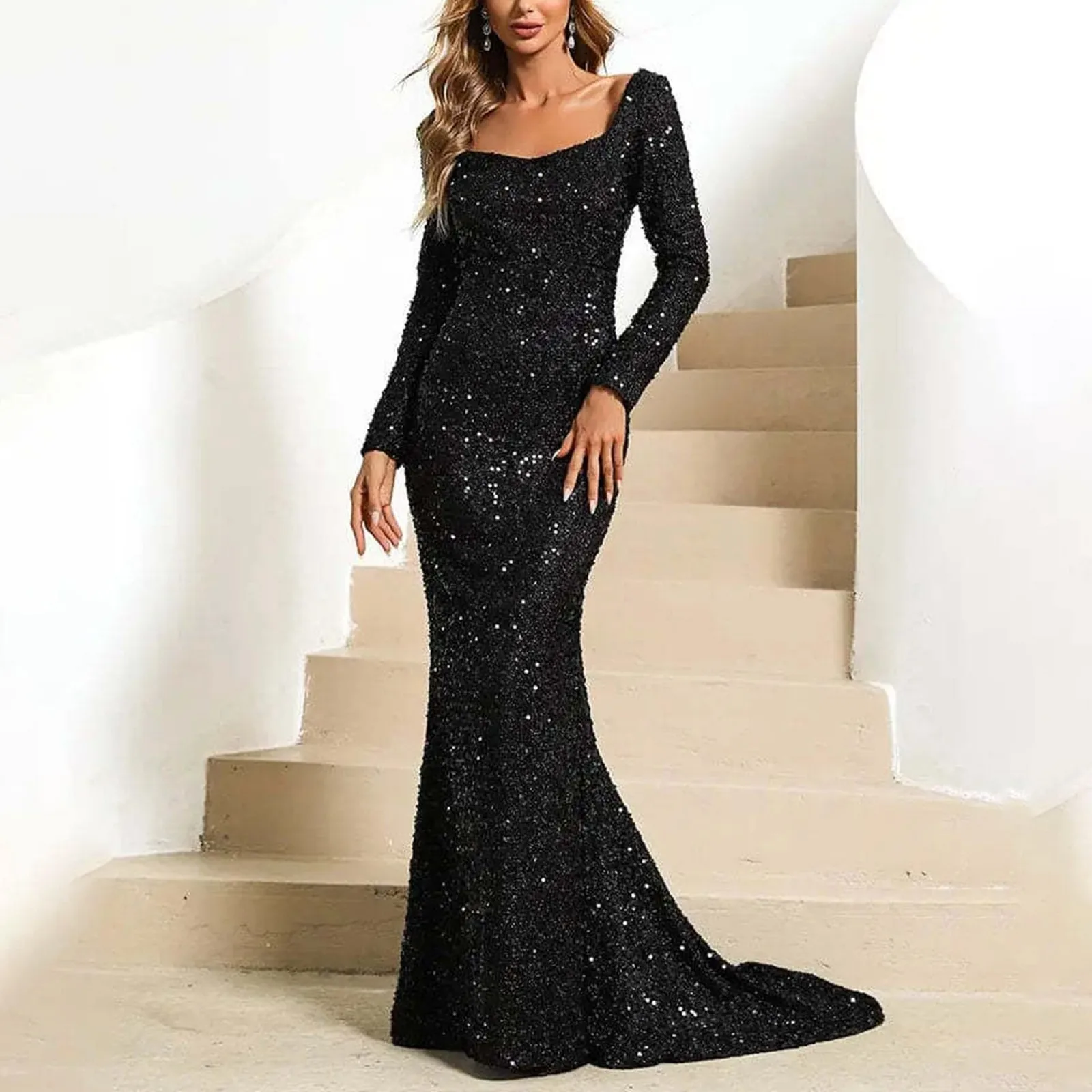 

Women's Evening Dress Bridesmaid Dress Fashion V Neck Bodycon Sequin Dress With Flared Sleeves Mid Waist Long Party Gown Formal