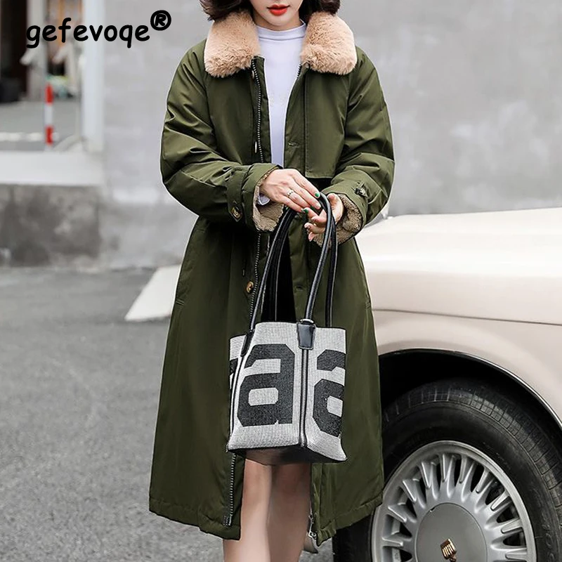 Women Clothing Winter Korean Fashion Cotton Padded Jacket Elegant Chic Thick Warm Coat Female Casual Mid Length Overcoat Parkas