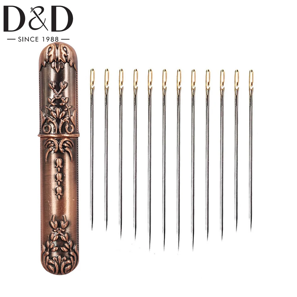 

D&D European Antique Vintage Metal Needle Case with Big Eye Self Threading Needles 2 Color for Sewing Craft Needlework