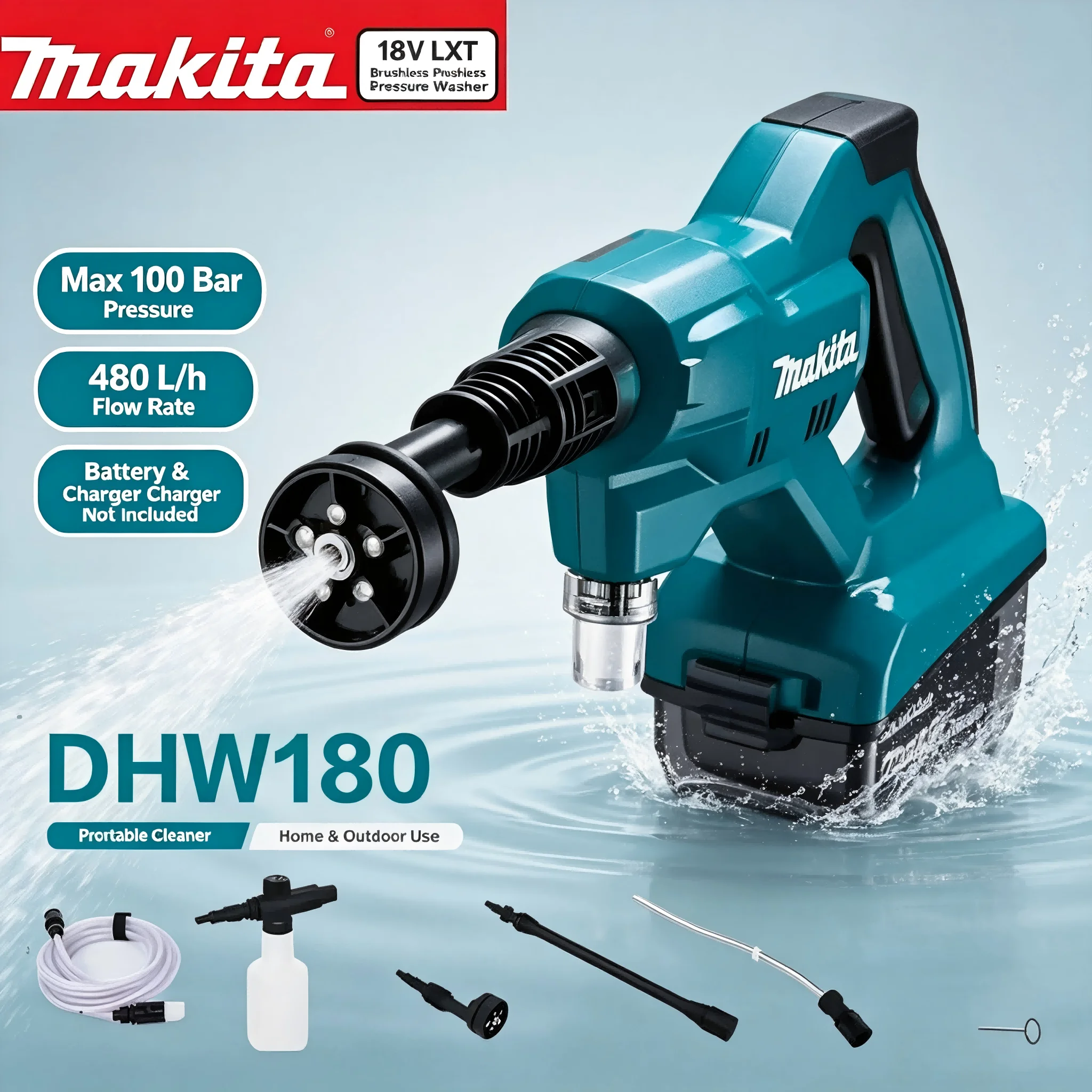 Makita DHW180 18V LXT Cordless 5 Spray Modes Portable Car Wash Gun Lithium Battery Water Cleaner for Auto Garden Home Cleaning