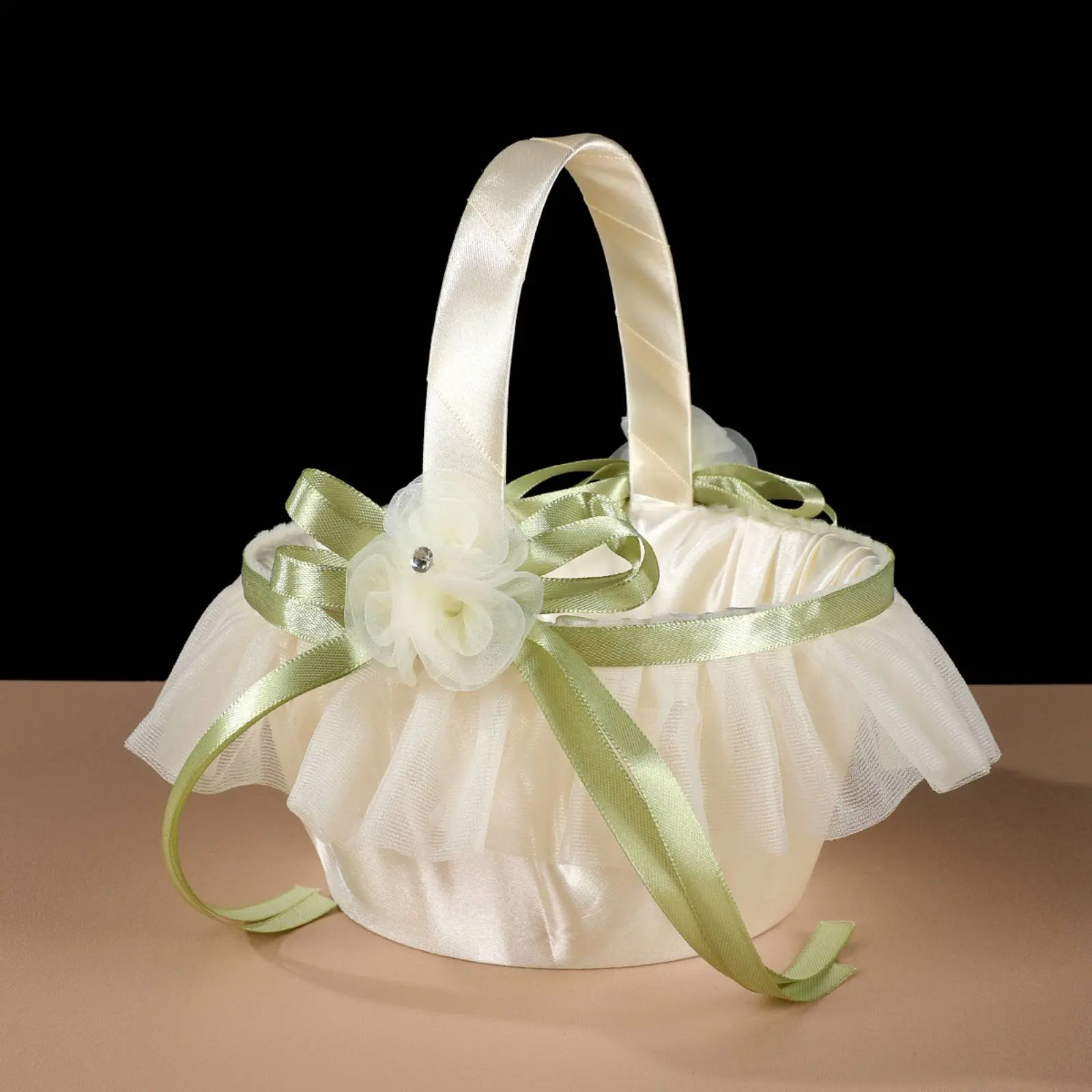 Flower Girl Carry Basket Floral Decoration Lace Ribbon Basket Event Accessory Elegant Light Green for Children, Party