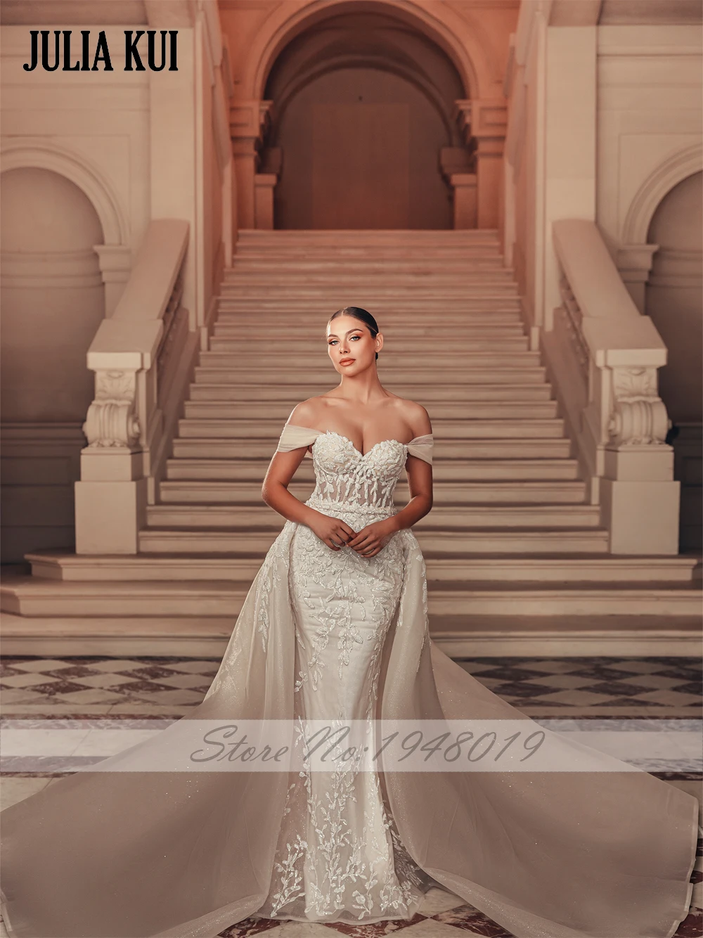 Vestidos de novia elegantes de tul brillante con hombros descubiertos, escote en forma de corazón, sirena, apliques bordados con cuentas, encaje, vestido de novia 2 en 1