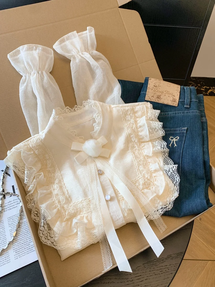 

Elegant Floral Lace Shirt Half High Collar Luxury Semi-Luxury Spring Autumn Winter French Style Loose Fit Long Sleeve Women's...