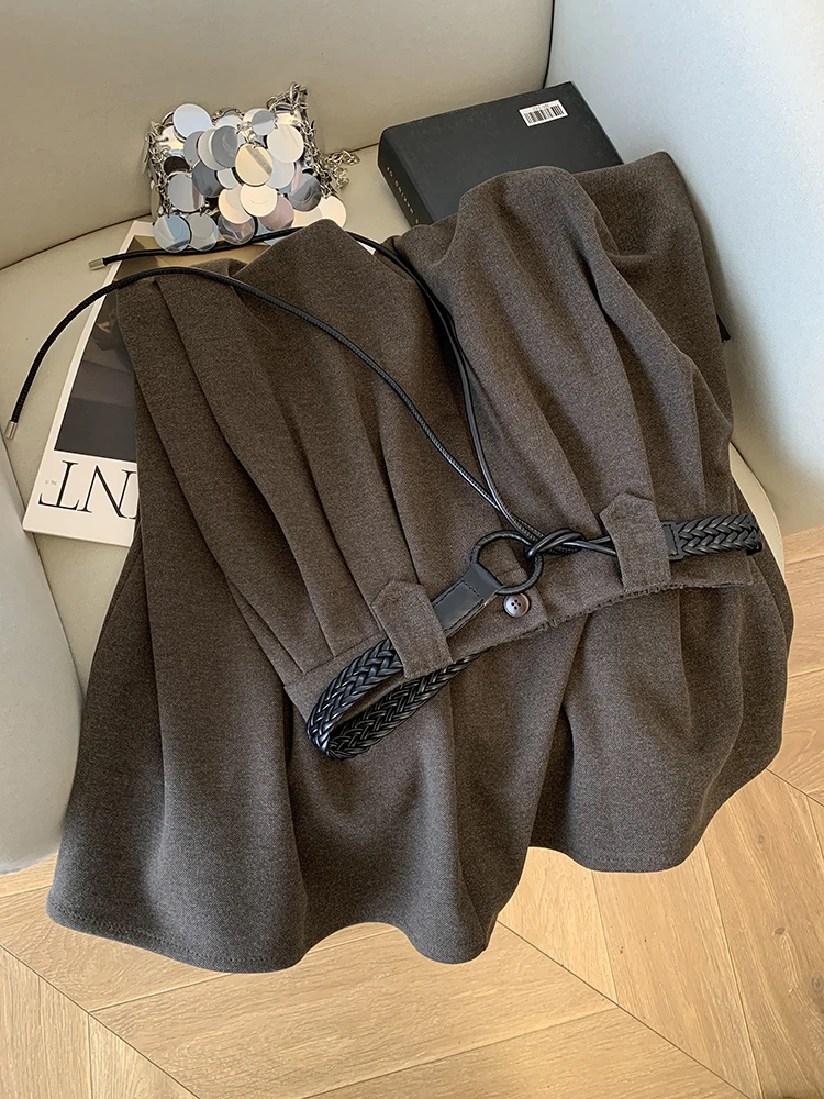 

High Waist Knitted Woolen Skirt Women's Outerwear Autumn Winter Faion Ele Personali Belted Midi Skirt for Casual Wear