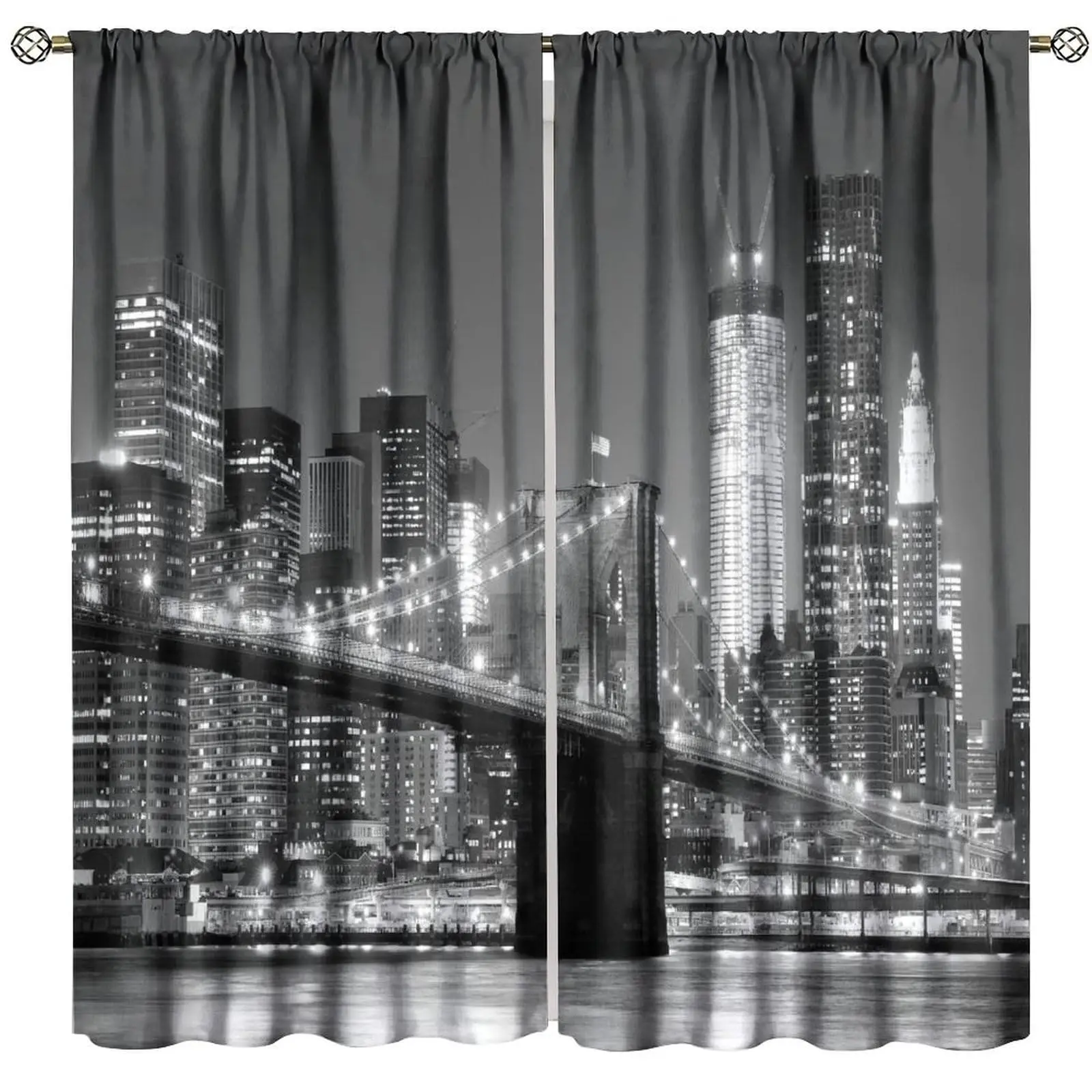 Cityscape Curtains,New York Night View Brooklyn Bridge Skyscraper Pattern Window Drapes for Bedroom Living Room Kitchen Office