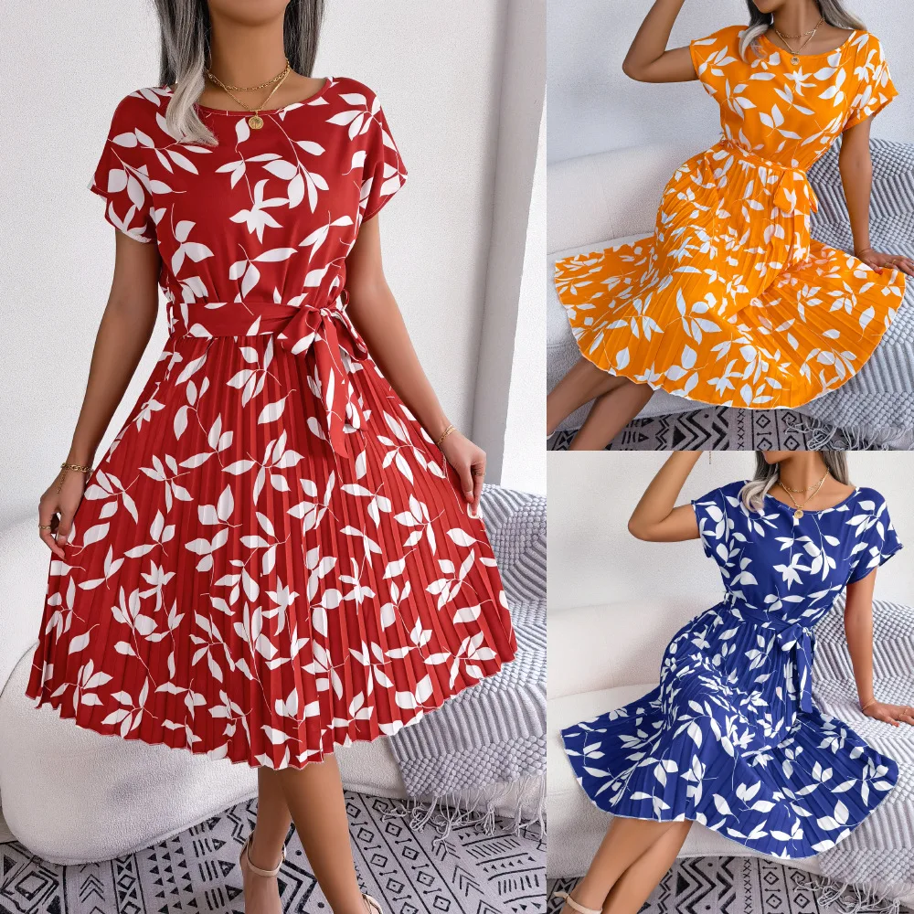 

Ins Style Spring/summer Casual Leaf Short Sleeved Large Pleated Dress 2023 New Hot Selling Fashion Women's Clothing