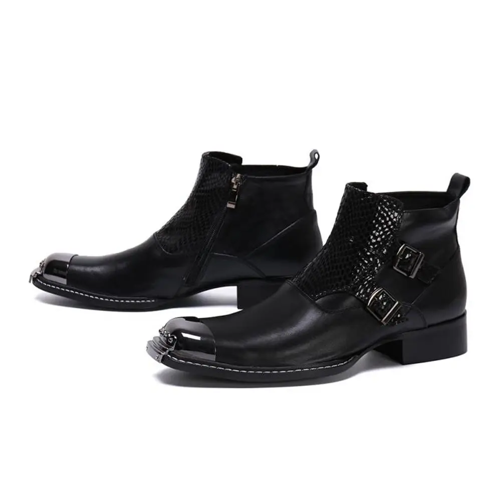 Black Buckle With Metal Genuine Leather High Heels Pointed Toe Boots Male Plus Size Fashion Party Business Wedding Dress Shoe