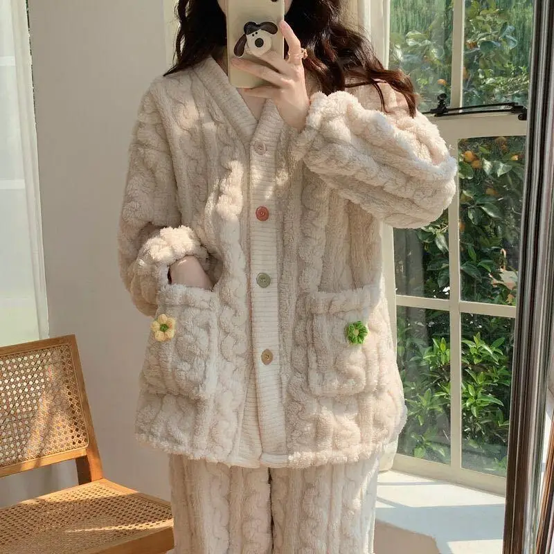 Mode Homewear Pyjama Vrouwen Kan Winter Dikke Koraal Thuis Kleding Effen Kleur Lange Mouw Broek Fleece Harige Sexy Pyjama Set