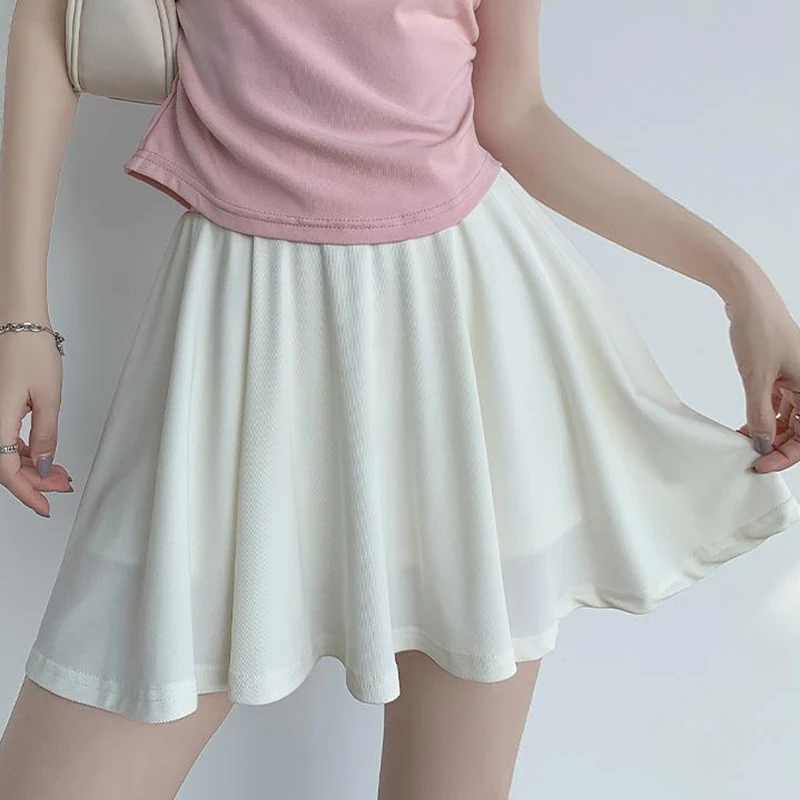 Women Ice Silk Pleated Mini Skirt Preppy Style Versatile A-Line Sport Skirt 2025 Casual Oversize Solid Elastic High Waist Skirts