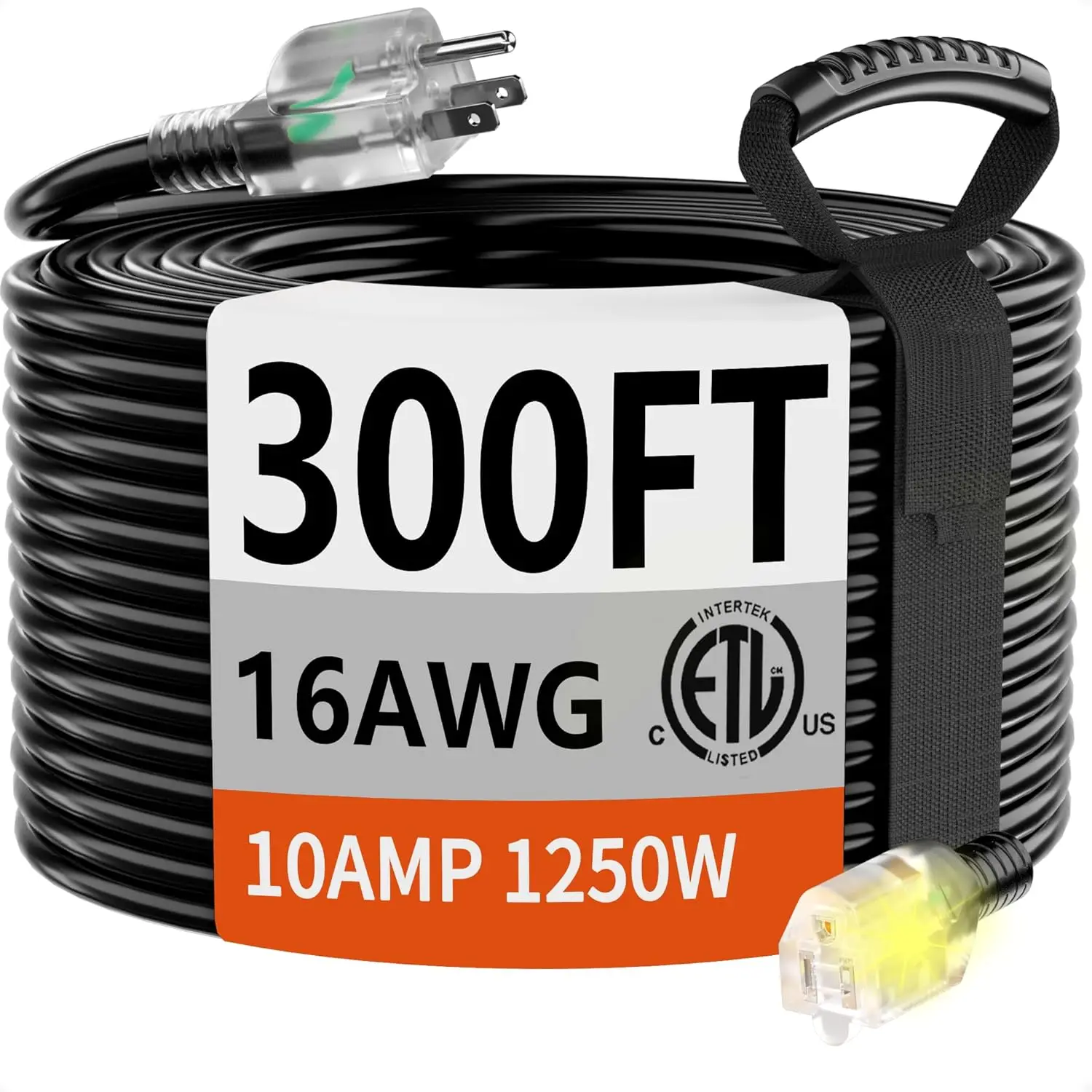 300 FT 16 Gauge Black Indoor Outdoor Extension Cord Waterproof,10A 1250W 125V 16AWG SJTW, ETL Listed