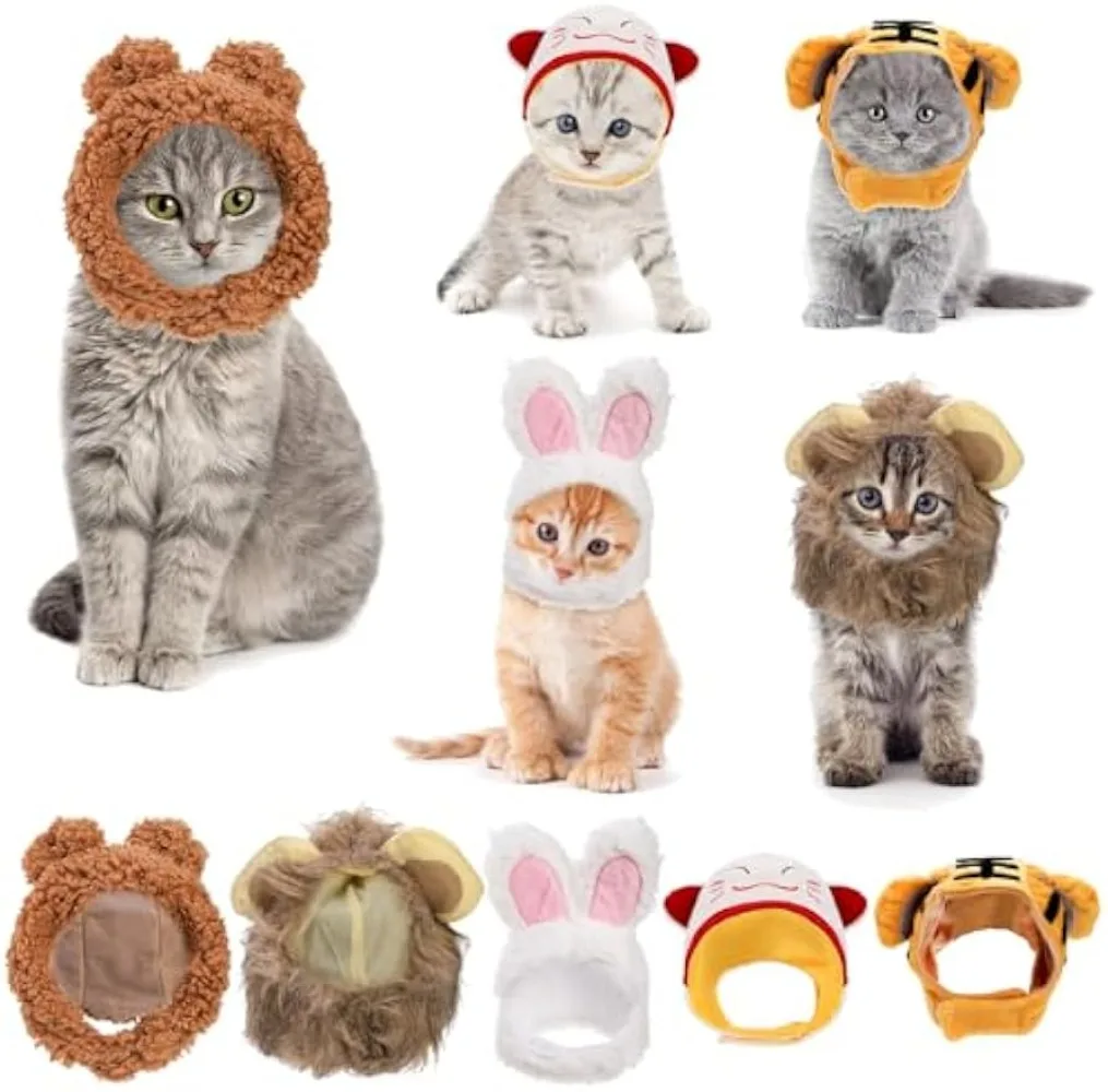 

5-Pack Cute Pet Costume Hats – Bunny, Bear, Lion & Tiger Ears for Cats & Small Dogs, Soft Party Headwear