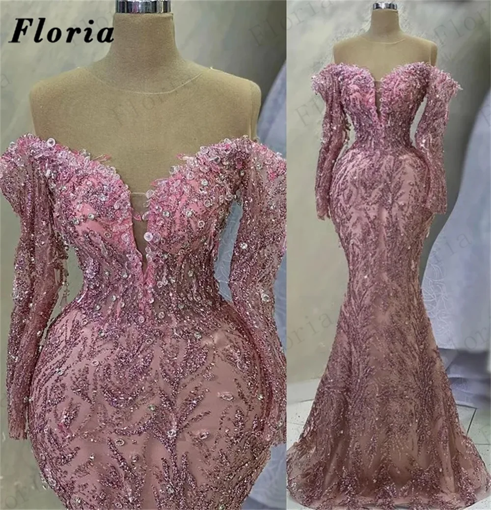 Vestidos de celebridades con hombros descubiertos, tela de lentejuelas elegante, vestido de cóctel para ocasiones especiales, vestidos de noche con cuentas de costura de Dubai, Rosa