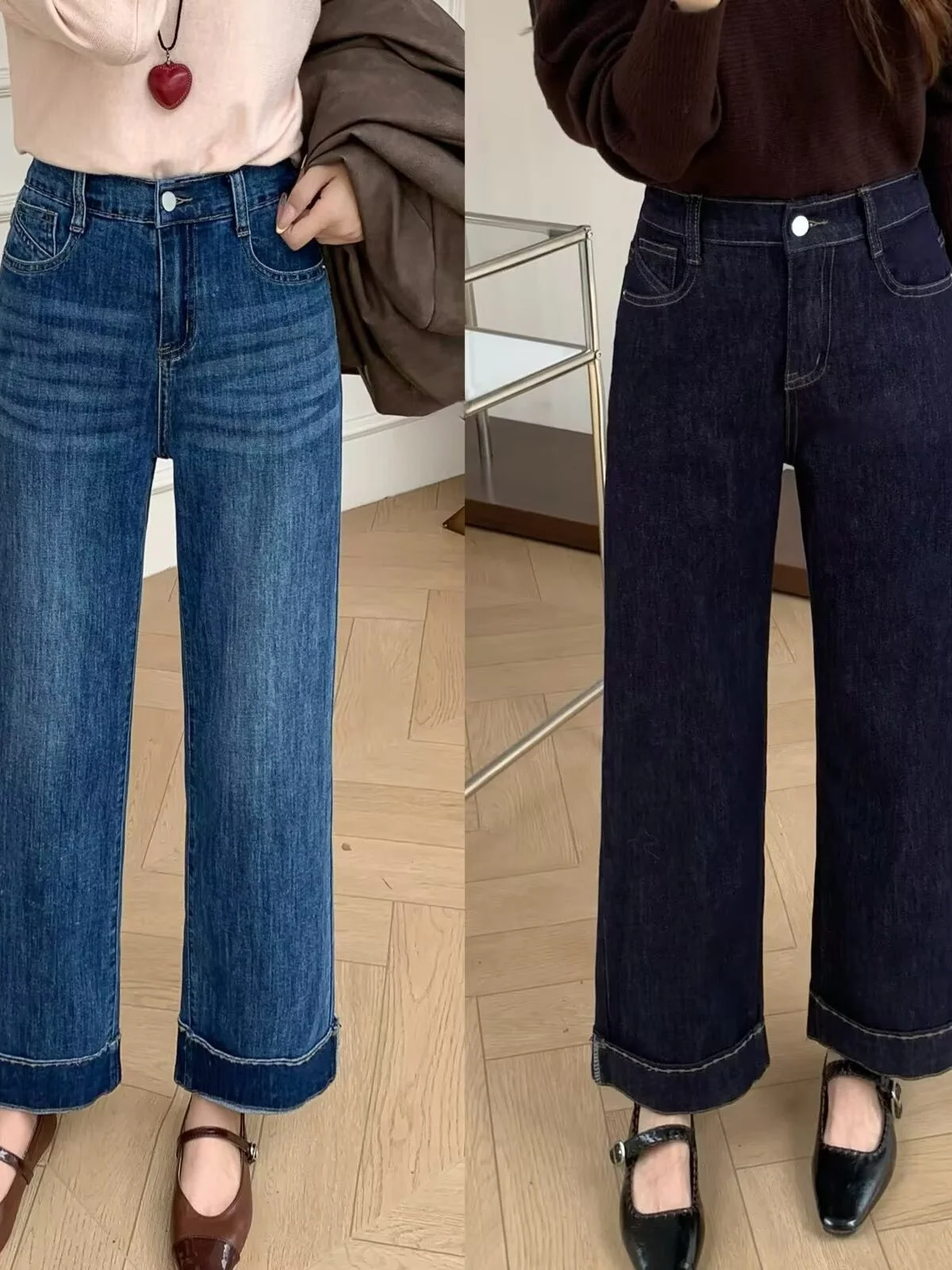 High Waist Wide Leg Pants Draped Feel Denim High Elasticity Korean Style plus Size Women's Autumn New Fashion Slimming Straig...