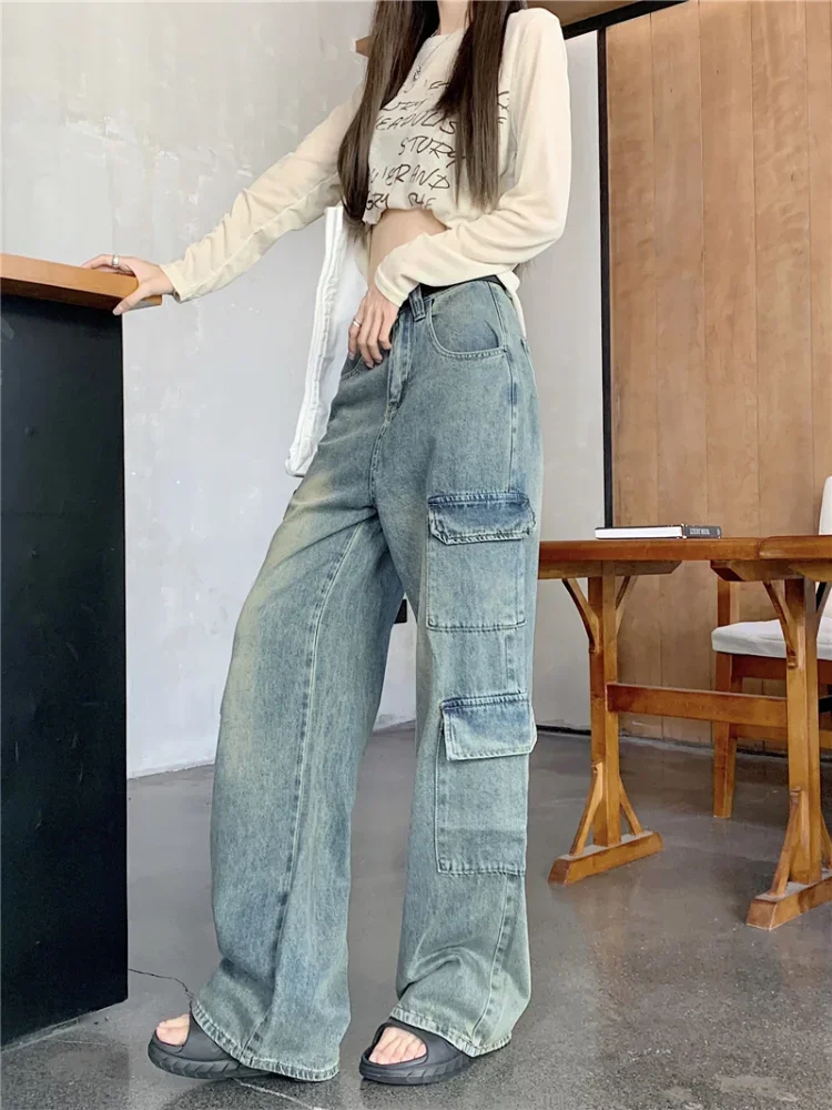 

Джинсы для женщин, осенние новые свободные брюки-карго с высокой талией в американском стиле, прямые широкие брюки-карго, полная длина, дизайн с несколькими карманами