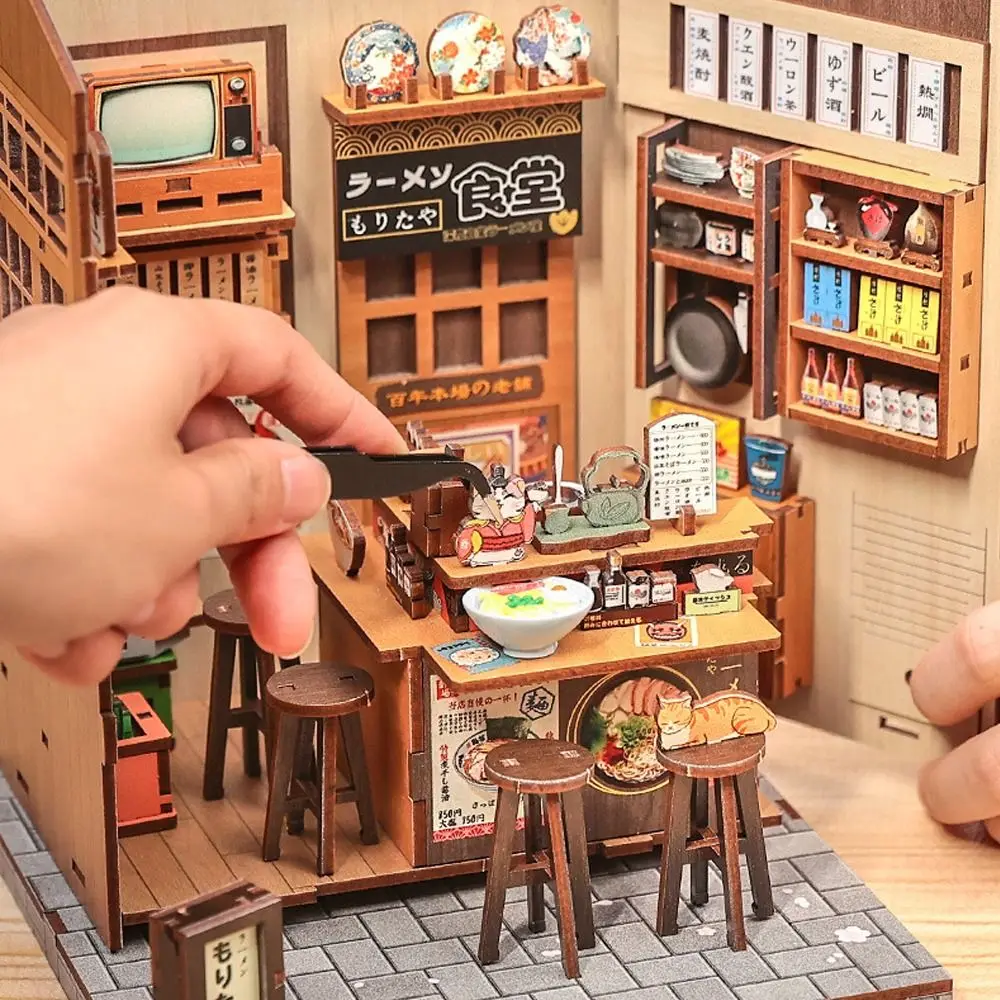 Nieuwe puzzel cadeau houten doe-het-zelf poppenhuis speelgoed decoratie stad wandelen serie huis model speelgoed 3D Ramen restaurant kit verjaardagscadeaus