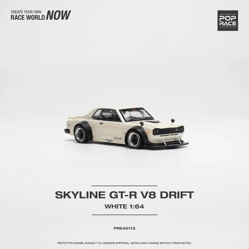 Pop Race In Stock 1:64 Skyline GTR KPGC10 Hakosuka V8 Drift White Openable Hood Diecast Diorama Car Model