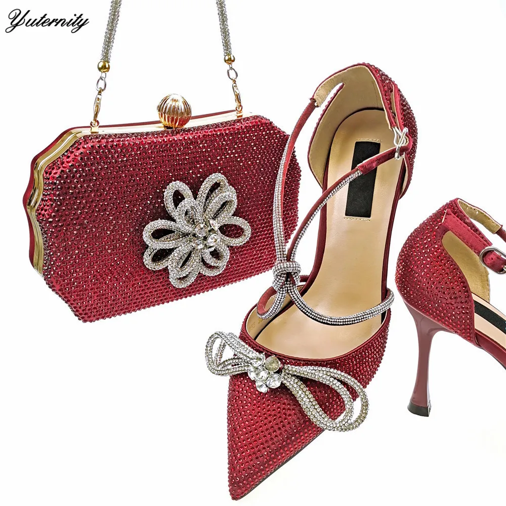 Hot Sale Summer Shoes And Bags To Match Set For Evening Party Italian PU With Crystal Ladies High Heels Shoes And Bag Set