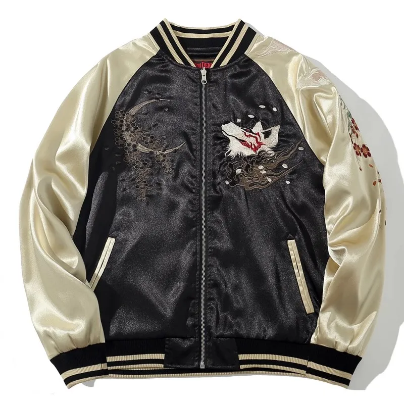 Nowi mężczyźni chłopcy główna ulica Sukajan kurtka pamiątkowa dziewięcioogoniasty lis piwonia haftowany Pilot Bomber Letterman Varsity Award Vintage