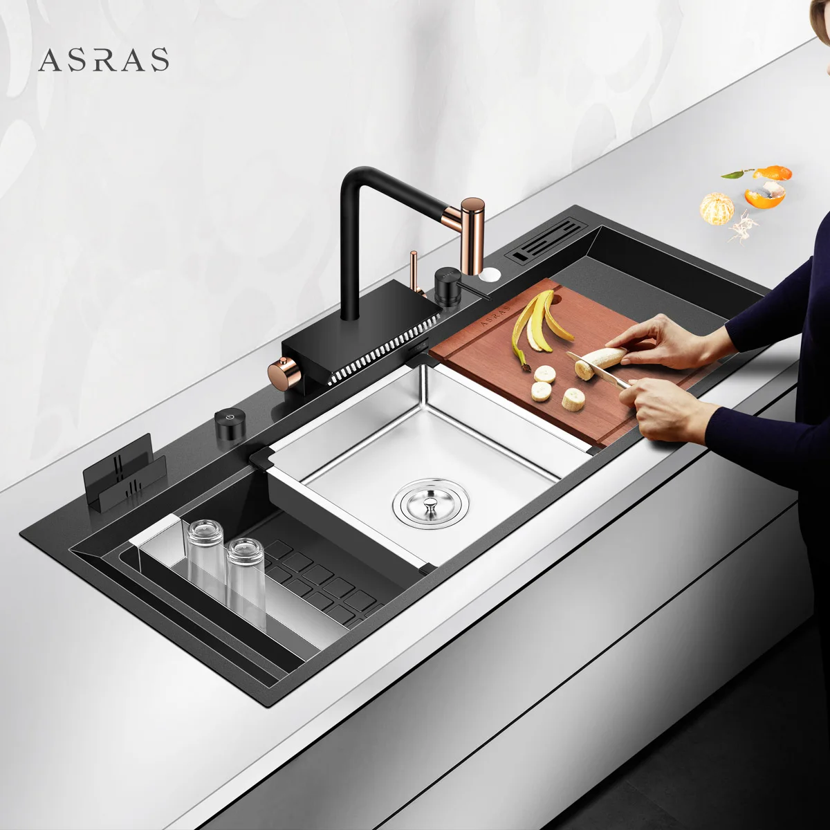 Asras stepped water tank black nano manual thickened 304 stainless steel kitchen dish washing basin super large single 